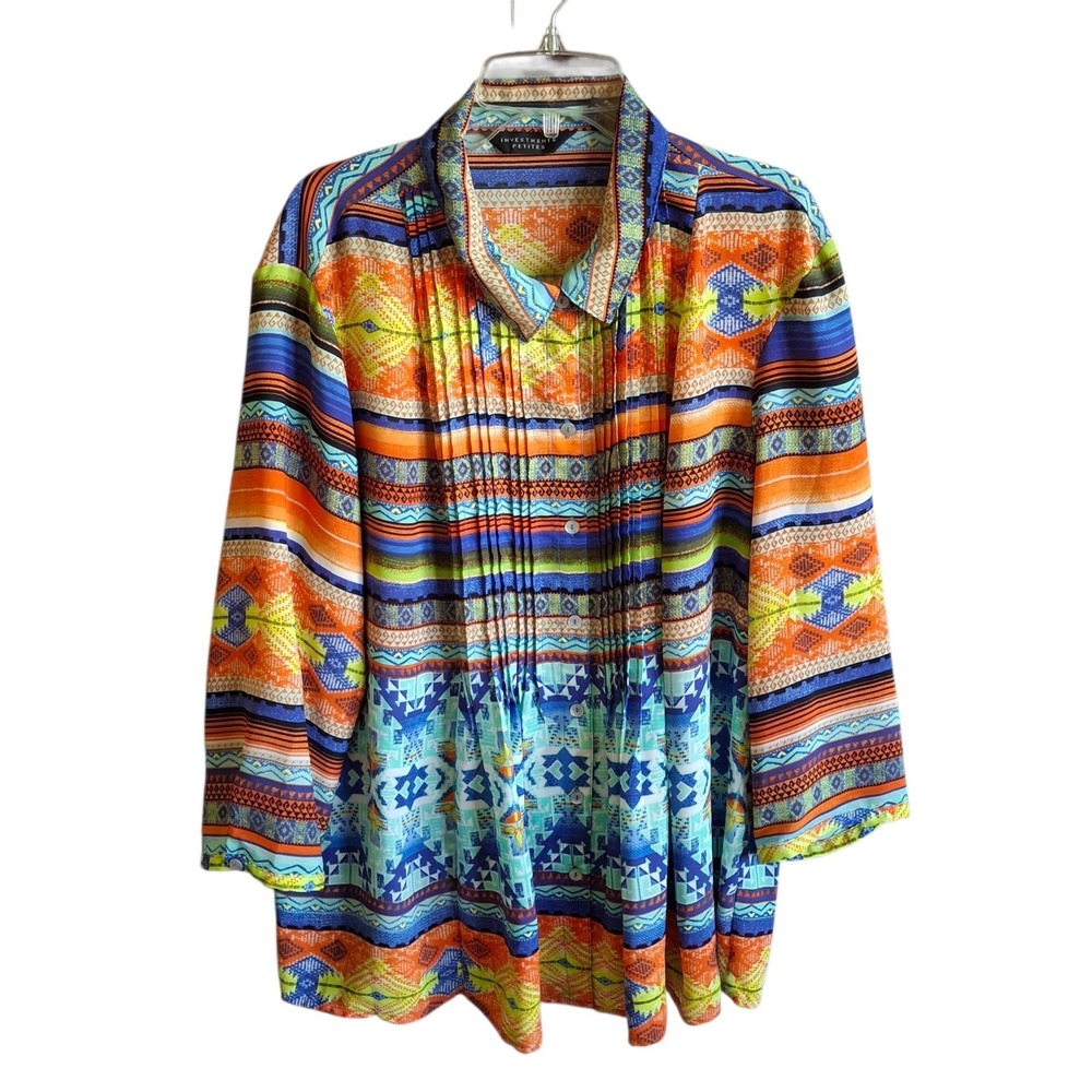 Investments Petites Top Size PXL Womens Geometric Southwestern Pleated Shirt